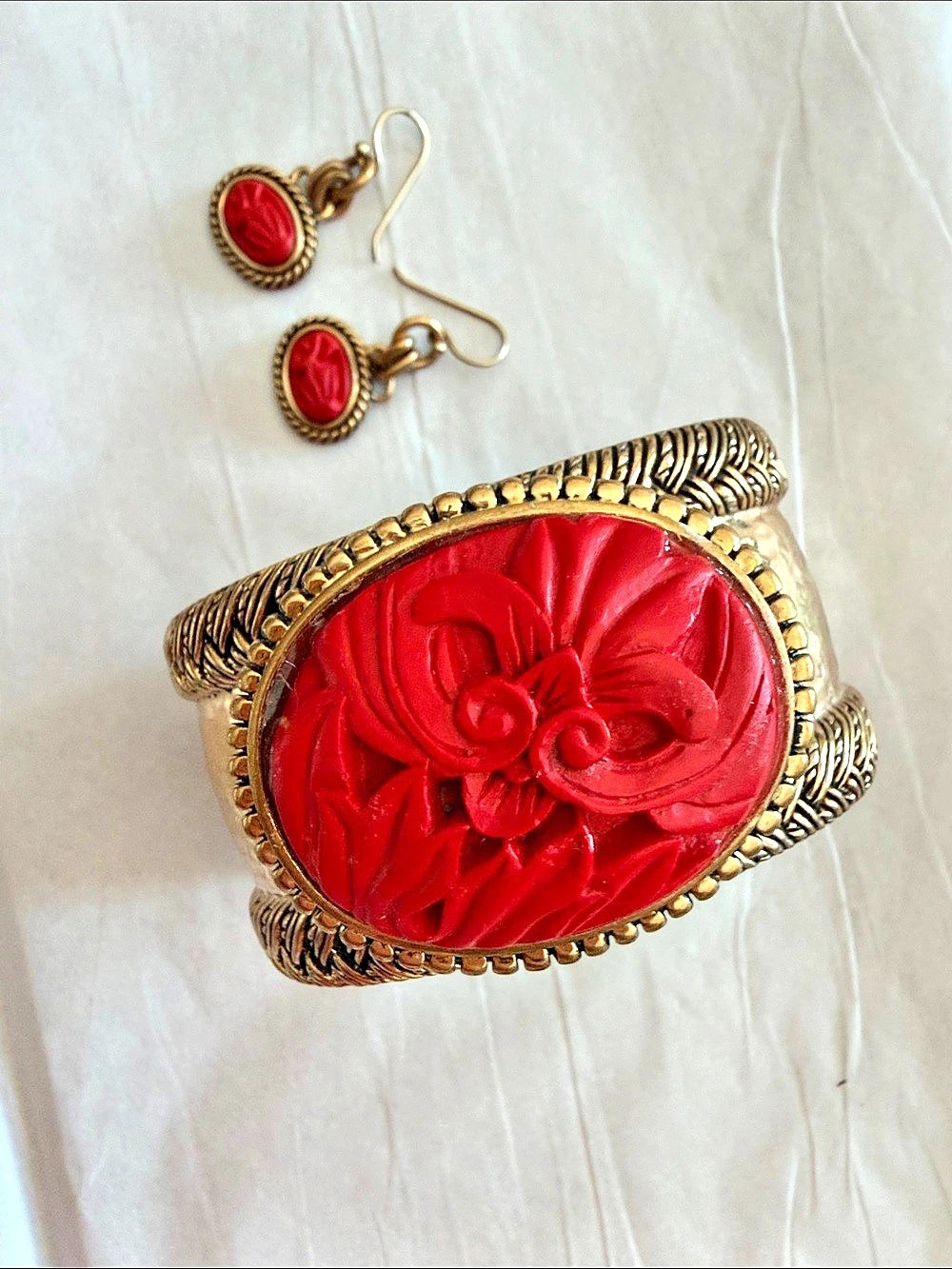 Studio Barse Red Carved Cuff Bracelet & Earrings